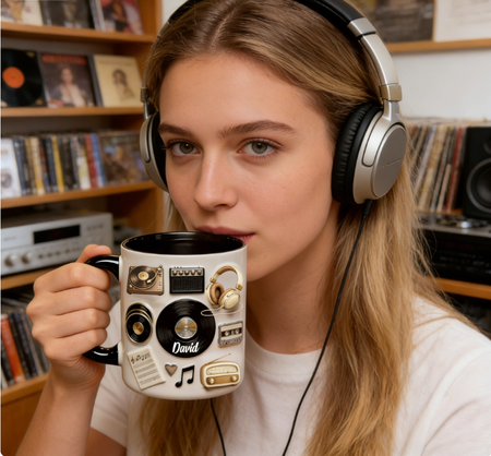 Personalised Music Mug with Name – Retro Vinyl Record Design