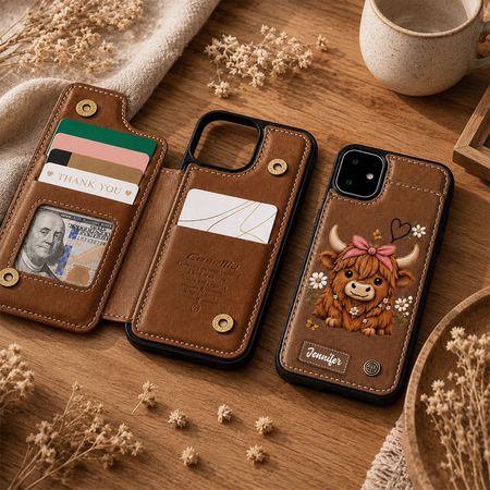 🎁Personalized Highland Cow Wallet Phone Case – Cute Custom Name Card Holder Case