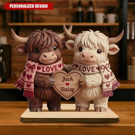 Personalised Highland Cow Couple Wooden Keepsake Plaque