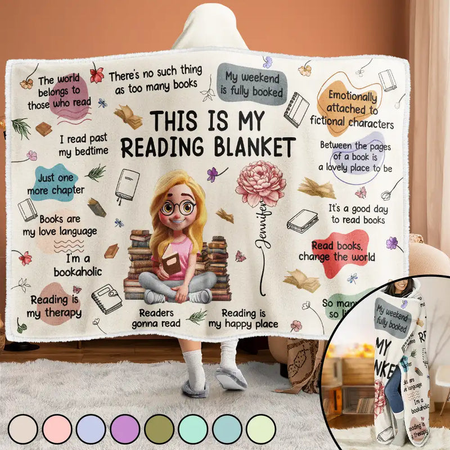 My Reading Blanket Reading Girl With Birth Month Flower - Personalized Wearable Hooded Blanket - Gift For Book Lovers, Bookworms, Readers