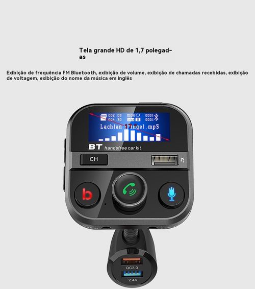 Reprodutor de MP3 para Veículo BT93, Reprodução de Pen Drive Sem Perda de Qualidade HIFI, Equalizador de Grave e Agudo, Transmissor FM Bluetooth para Veículo com Função de Música