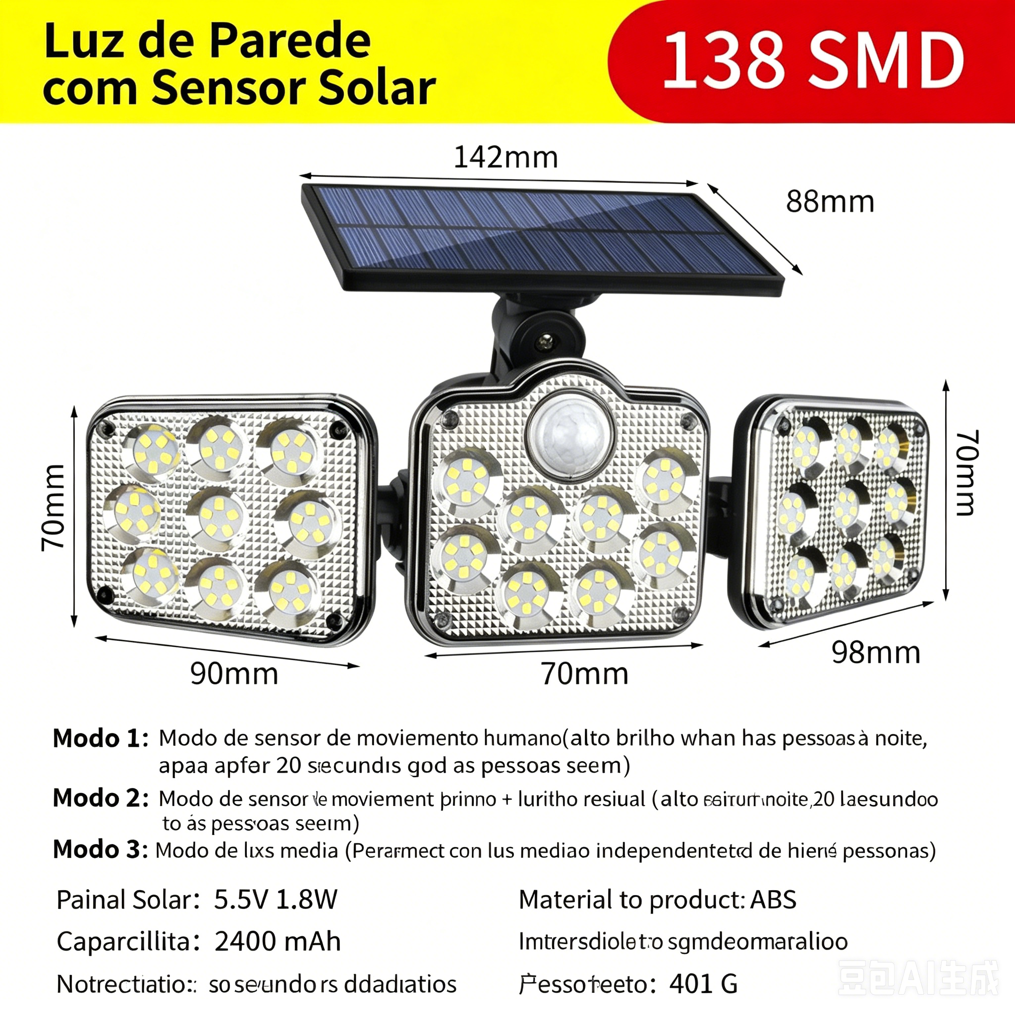 Luz de parede solar com detecção de corpo humano de três cabeças, luz de jardim para quintal exterior, luz de rua à prova d'água para uso externo