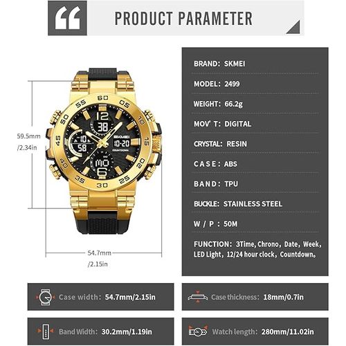 Relógio desportivo masculino digital com visor duplo (resistência à água de 50 m)