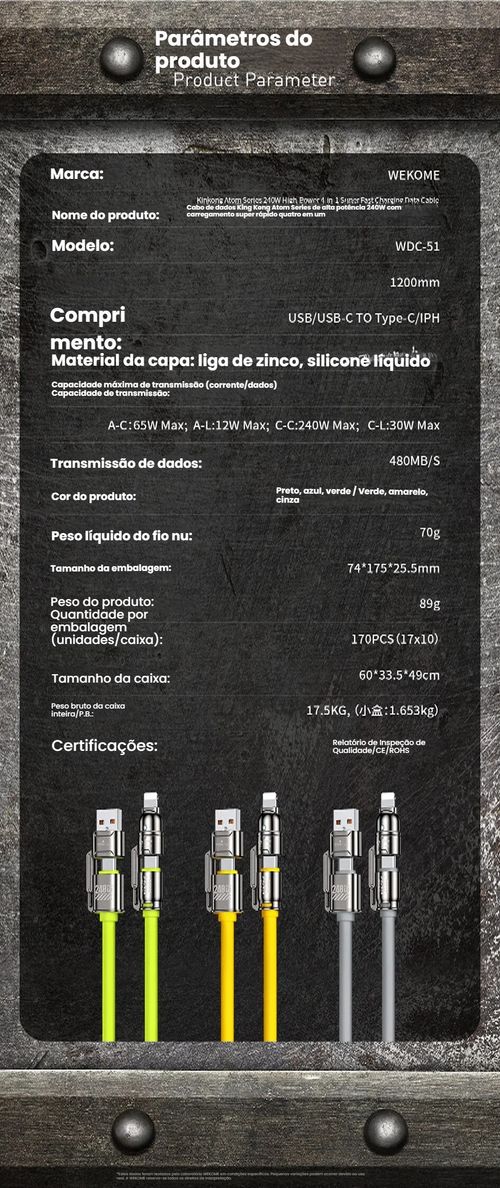 Cabo de Carregamento Super Rápido Multifuncional 4 - em - 1 WEKOME King Kong Atom 240W, Silicone Verdadeiro Hipoalergênico, Alto Poder, Cabo de Dados WDC - 51