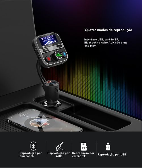 Reprodutor de MP3 para Veículo BT93, Reprodução de Pen Drive Sem Perda de Qualidade HIFI, Equalizador de Grave e Agudo, Transmissor FM Bluetooth para Veículo com Função de Música