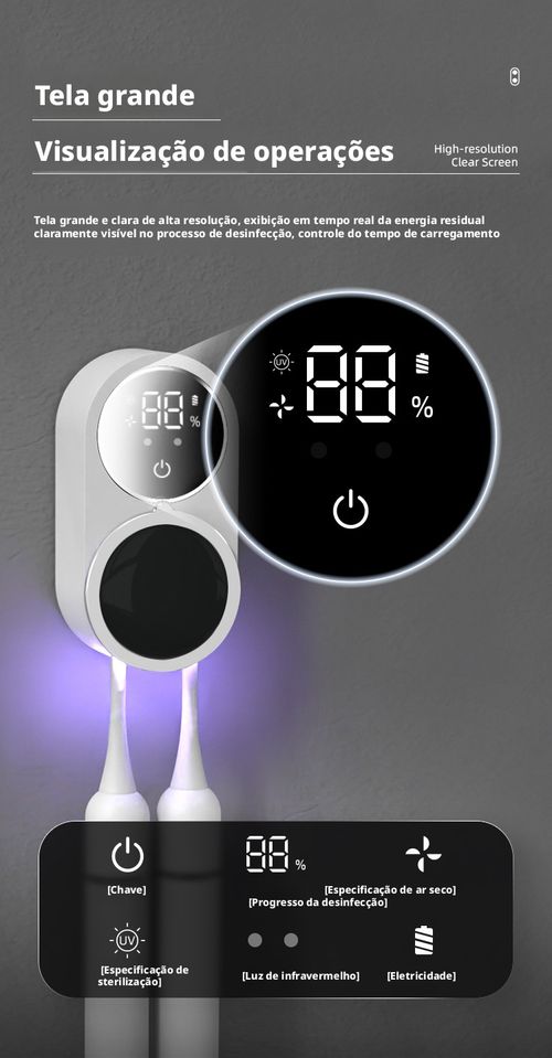 Caixa Desinfetante para Escova de Dentes com Abertura e Fechamento por Sensor Inteligente, Esterilizador UV para Escova de Dentes com Função de Desinfecção e Secagem, Removível e Fixação em Parede Sem Marcas