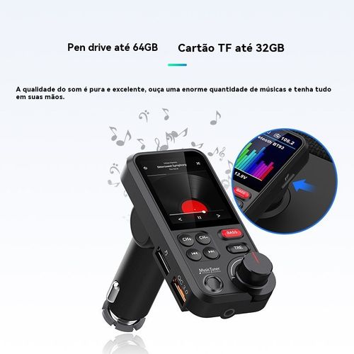Reprodutor de MP3 para Veículo BT93, Reprodução de Pen Drive Sem Perda de Qualidade HIFI, Equalizador de Grave e Agudo, Transmissor FM Bluetooth para Veículo com Função de Música