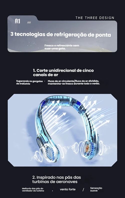 Ventilador de Pescoço Nova Linha, Recarregável via USB, Pequeno e Portátil para Uso Exterior, Silencioso com Turbina, Sem Pás, Mini Ventilador para Pescoço