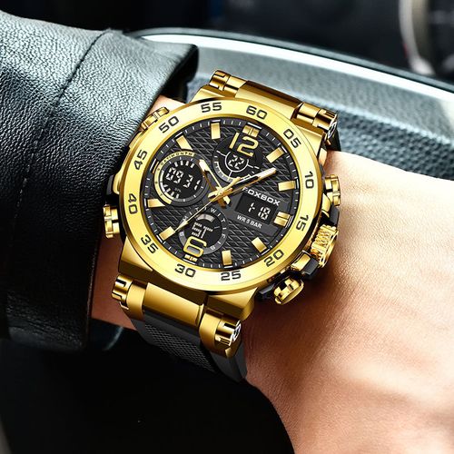 Relógio Masculino FOXBOX,LIGE-Modelo Novo Fashion, Dual Display Multifuncional, Pulseira de Silicone, Luminoso, Esportivo e Casual, À Prova D'Água