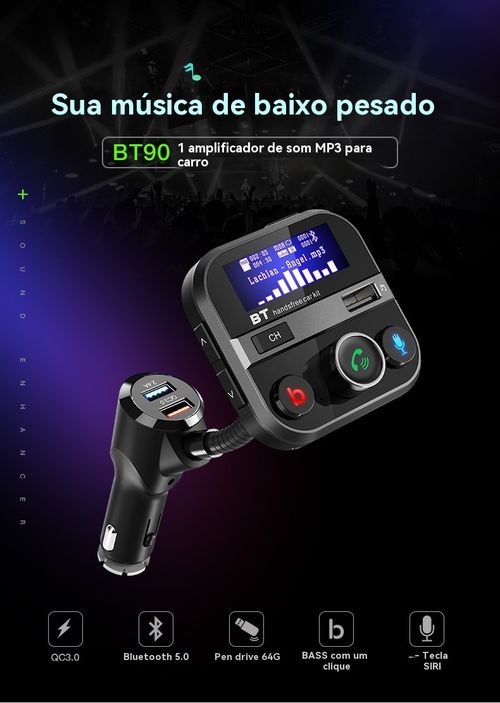 Reprodutor de MP3 para Veículo BT93, Reprodução de Pen Drive Sem Perda de Qualidade HIFI, Equalizador de Grave e Agudo, Transmissor FM Bluetooth para Veículo com Função de Música