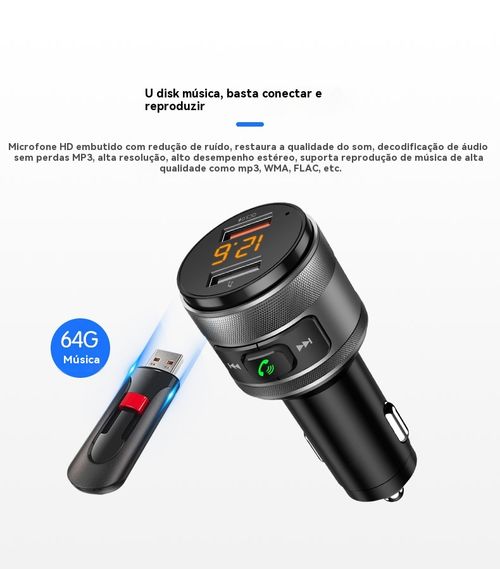 Reprodutor de MP3 para Veículo BT93, Reprodução de Pen Drive Sem Perda de Qualidade HIFI, Equalizador de Grave e Agudo, Transmissor FM Bluetooth para Veículo com Função de Música