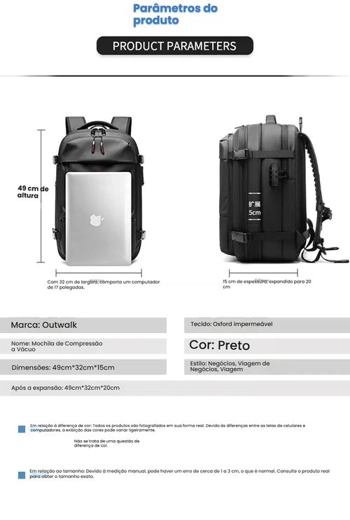 Mochila de Viagem com Vácuo, Mochila Masculina Empresarial Multifuncional para Notebook, Mochila de Compressão a Vácuo com Grande Capacidade, Material TPU