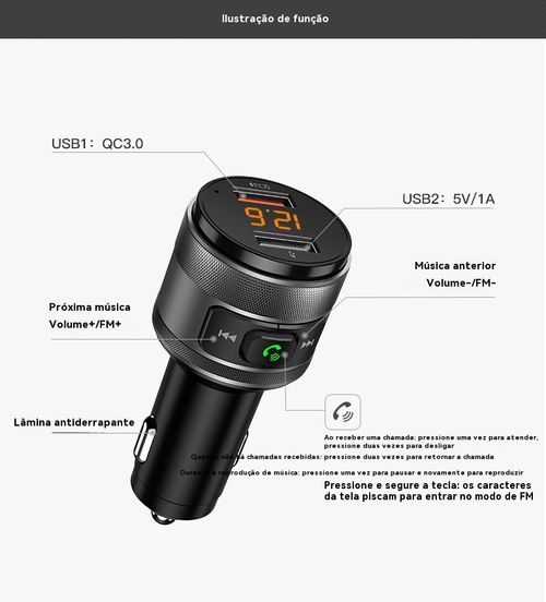 Reprodutor de MP3 para Veículo BT93, Reprodução de Pen Drive Sem Perda de Qualidade HIFI, Equalizador de Grave e Agudo, Transmissor FM Bluetooth para Veículo com Função de Música