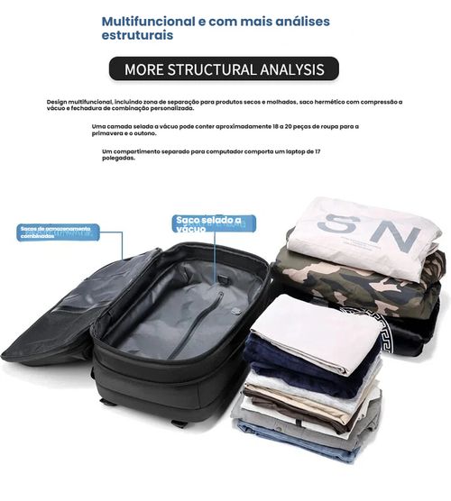 Mochila de Viagem com Vácuo, Mochila Masculina Empresarial Multifuncional para Notebook, Mochila de Compressão a Vácuo com Grande Capacidade, Material TPU