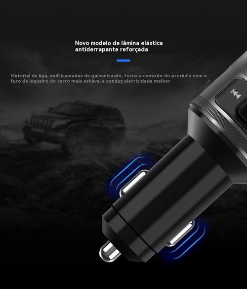 Reprodutor de MP3 para Veículo BT93, Reprodução de Pen Drive Sem Perda de Qualidade HIFI, Equalizador de Grave e Agudo, Transmissor FM Bluetooth para Veículo com Função de Música