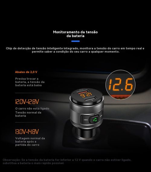 Reprodutor de MP3 para Veículo BT93, Reprodução de Pen Drive Sem Perda de Qualidade HIFI, Equalizador de Grave e Agudo, Transmissor FM Bluetooth para Veículo com Função de Música