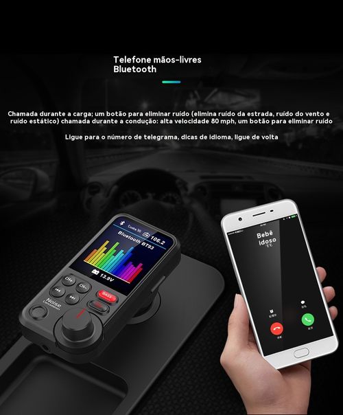 Reprodutor de MP3 para Veículo BT93, Reprodução de Pen Drive Sem Perda de Qualidade HIFI, Equalizador de Grave e Agudo, Transmissor FM Bluetooth para Veículo com Função de Música