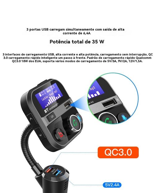 Reprodutor de MP3 para Veículo BT93, Reprodução de Pen Drive Sem Perda de Qualidade HIFI, Equalizador de Grave e Agudo, Transmissor FM Bluetooth para Veículo com Função de Música