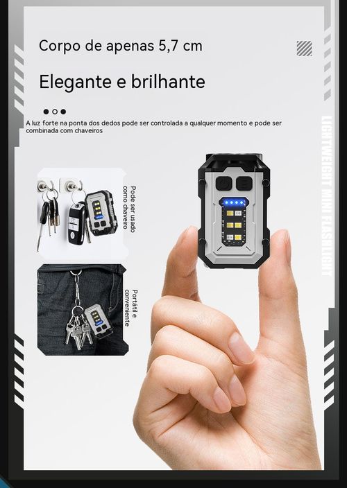 Mini lanterna tipo chaveiro com duas fontes de luz, carregamento Type-C, super brilhante, compacta e potente para uso exterior