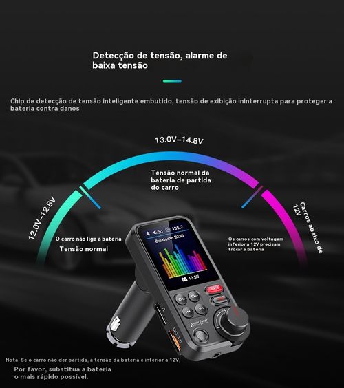 Reprodutor de MP3 para Veículo BT93, Reprodução de Pen Drive Sem Perda de Qualidade HIFI, Equalizador de Grave e Agudo, Transmissor FM Bluetooth para Veículo com Função de Música