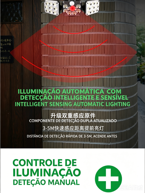 Luz de parede solar com detecção de corpo humano de três cabeças, luz de jardim para quintal exterior, luz de rua à prova d'água para uso externo