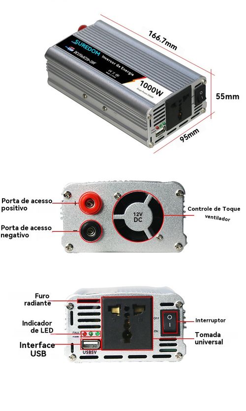 Inversor 1000W 12V para 220V com Porta USB – Para Carro