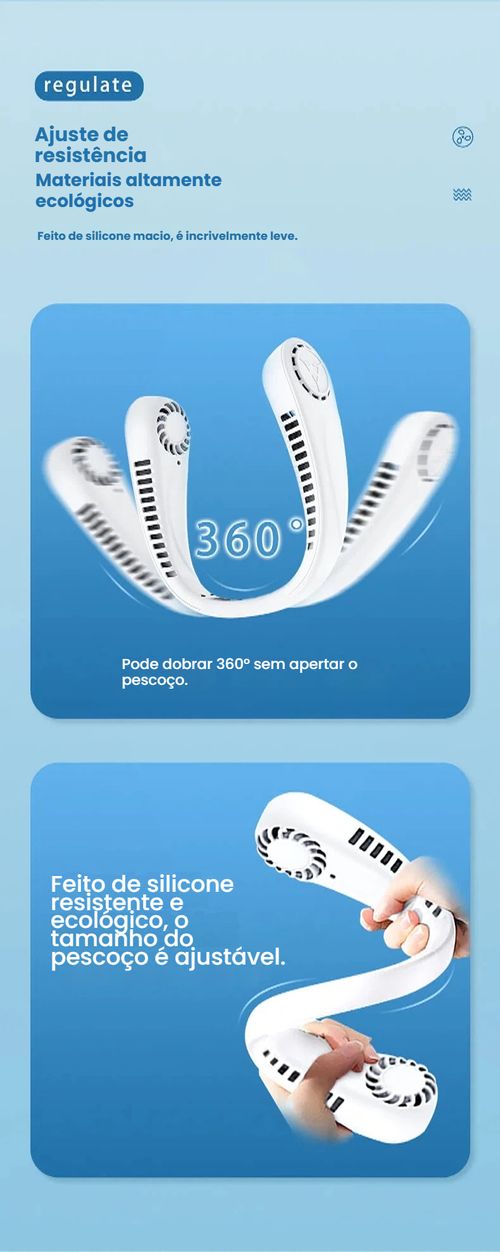 Ventilador de Pescoço Nova Linha, Recarregável via USB, Pequeno e Portátil para Uso Exterior, Silencioso com Turbina, Sem Pás, Mini Ventilador para Pescoço