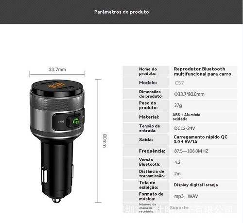 Reprodutor de MP3 para Veículo BT93, Reprodução de Pen Drive Sem Perda de Qualidade HIFI, Equalizador de Grave e Agudo, Transmissor FM Bluetooth para Veículo com Função de Música