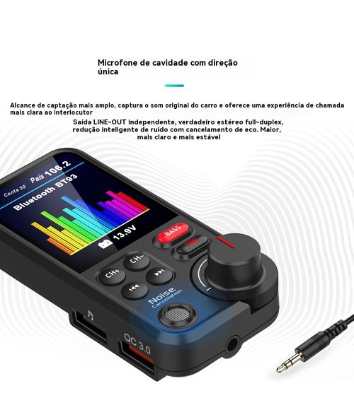 Reprodutor de MP3 para Veículo BT93, Reprodução de Pen Drive Sem Perda de Qualidade HIFI, Equalizador de Grave e Agudo, Transmissor FM Bluetooth para Veículo com Função de Música