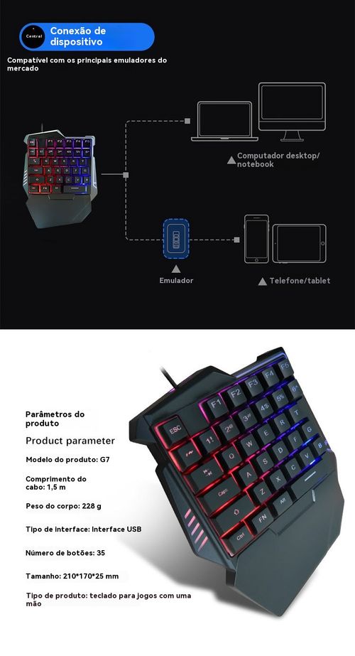 Teclado Único Mão G7, Sensação Mecânica para Jogo PUBG, Teclado para Jogos Móveis e Esports com Luz de Fundo Colorida