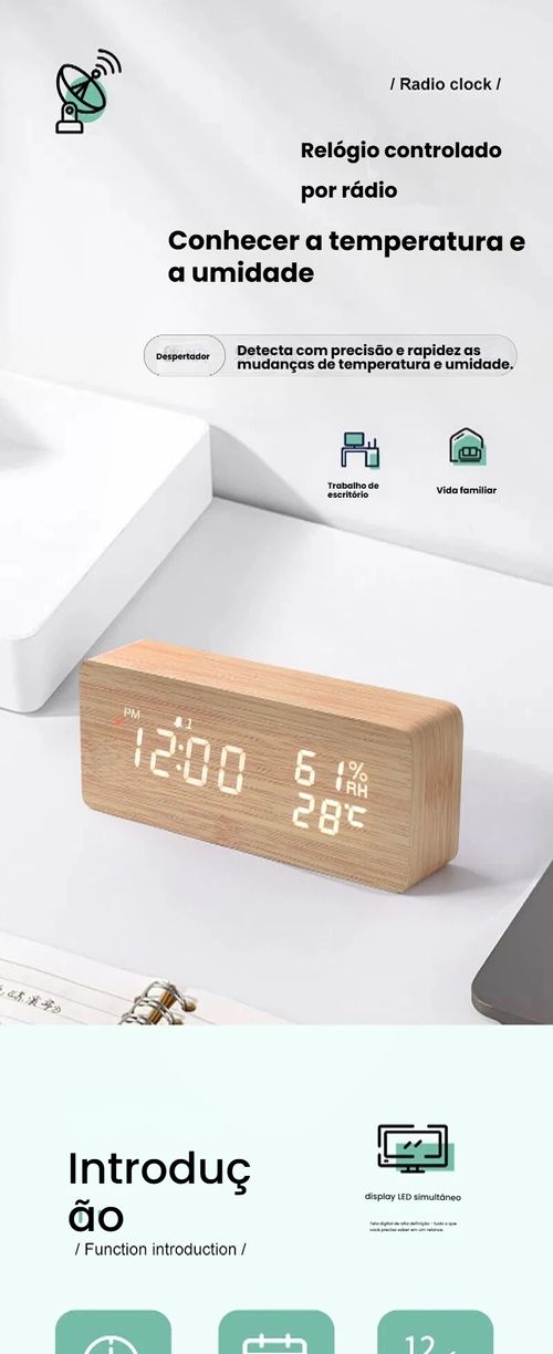 Relógio de Onda Radio Inteligente LED, Relógio de Onda Radio de Madeira, Despertador de Onda Radio Alemão, Relógio Eletrônico Digital, Relógio de Temperatura e Umidade