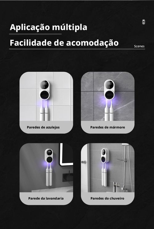 Caixa Desinfetante para Escova de Dentes com Abertura e Fechamento por Sensor Inteligente, Esterilizador UV para Escova de Dentes com Função de Desinfecção e Secagem, Removível e Fixação em Parede Sem Marcas