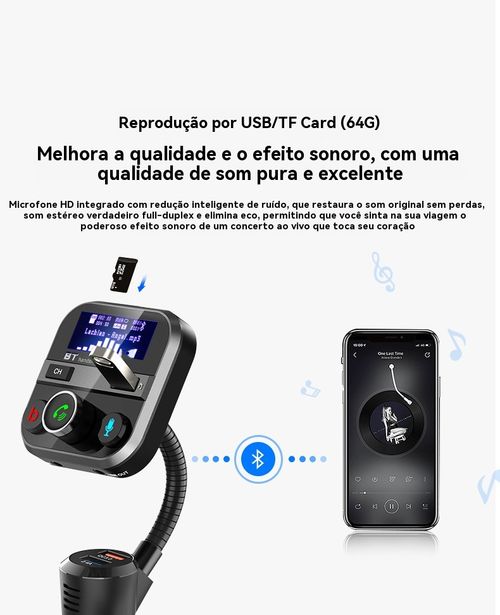 Reprodutor de MP3 para Veículo BT93, Reprodução de Pen Drive Sem Perda de Qualidade HIFI, Equalizador de Grave e Agudo, Transmissor FM Bluetooth para Veículo com Função de Música