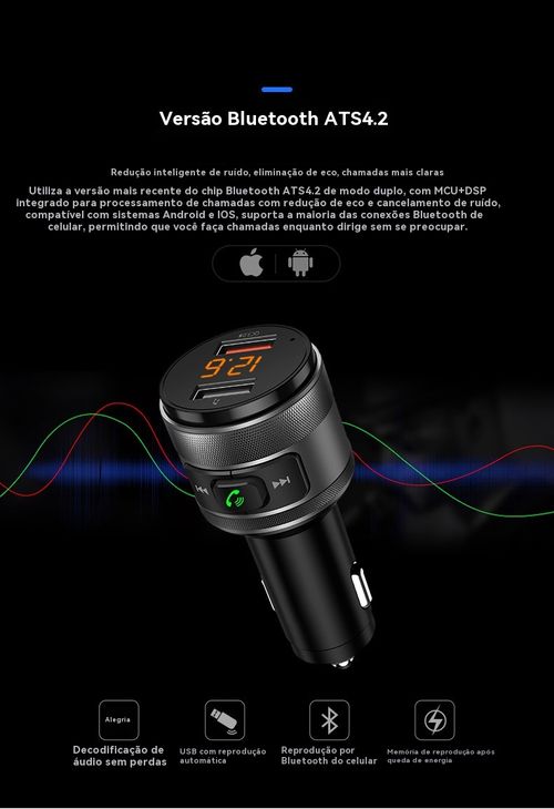 Reprodutor de MP3 para Veículo BT93, Reprodução de Pen Drive Sem Perda de Qualidade HIFI, Equalizador de Grave e Agudo, Transmissor FM Bluetooth para Veículo com Função de Música