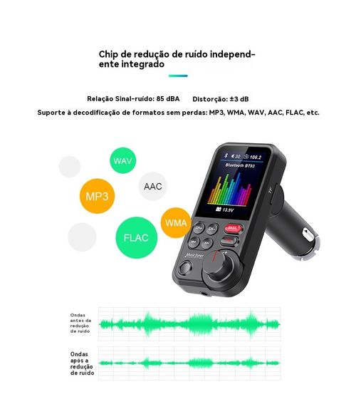 Reprodutor de MP3 para Veículo BT93, Reprodução de Pen Drive Sem Perda de Qualidade HIFI, Equalizador de Grave e Agudo, Transmissor FM Bluetooth para Veículo com Função de Música