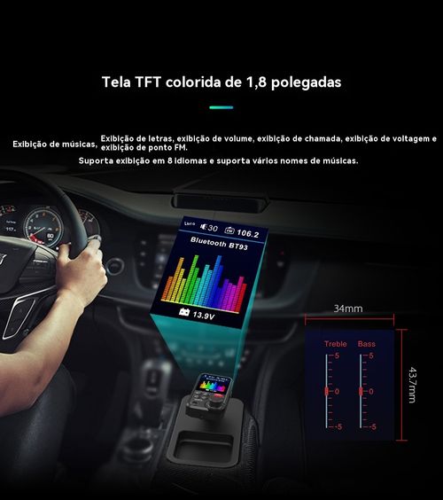 Reprodutor de MP3 para Veículo BT93, Reprodução de Pen Drive Sem Perda de Qualidade HIFI, Equalizador de Grave e Agudo, Transmissor FM Bluetooth para Veículo com Função de Música