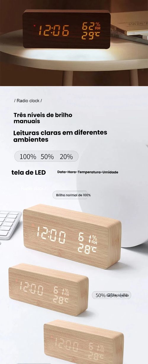 Relógio de Onda Radio Inteligente LED, Relógio de Onda Radio de Madeira, Despertador de Onda Radio Alemão, Relógio Eletrônico Digital, Relógio de Temperatura e Umidade