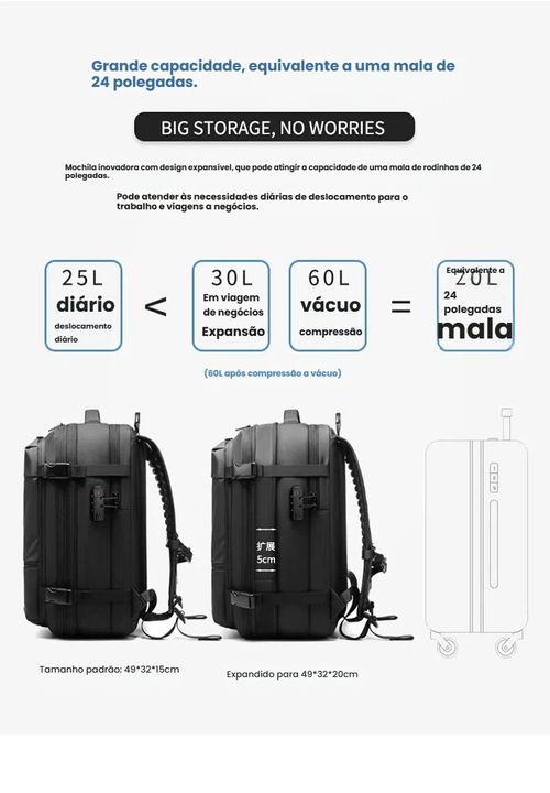 Mochila de Viagem com Vácuo, Mochila Masculina Empresarial Multifuncional para Notebook, Mochila de Compressão a Vácuo com Grande Capacidade, Material TPU