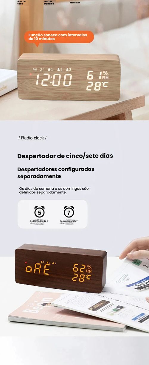 Relógio de Onda Radio Inteligente LED, Relógio de Onda Radio de Madeira, Despertador de Onda Radio Alemão, Relógio Eletrônico Digital, Relógio de Temperatura e Umidade