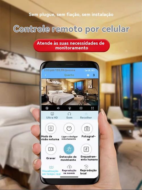 Câmara Inteligente WiFi com PIR Humano, Sem Tomada, Controlo pelo Telemóvel