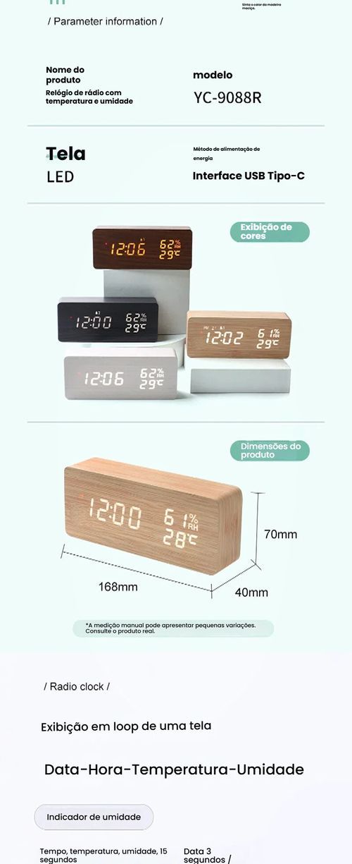 Relógio de Onda Radio Inteligente LED, Relógio de Onda Radio de Madeira, Despertador de Onda Radio Alemão, Relógio Eletrônico Digital, Relógio de Temperatura e Umidade