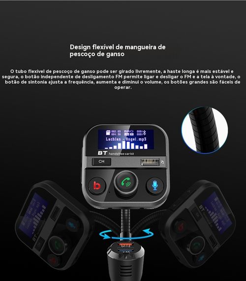 Reprodutor de MP3 para Veículo BT93, Reprodução de Pen Drive Sem Perda de Qualidade HIFI, Equalizador de Grave e Agudo, Transmissor FM Bluetooth para Veículo com Função de Música