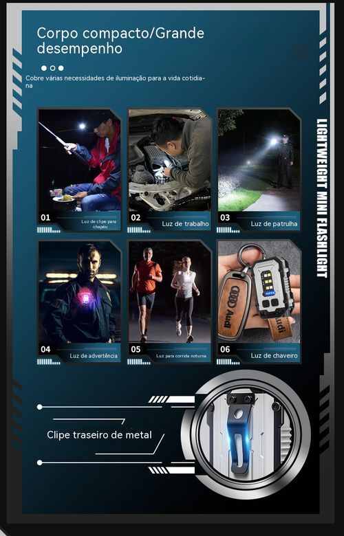 Mini lanterna tipo chaveiro com duas fontes de luz, carregamento Type-C, super brilhante, compacta e potente para uso exterior