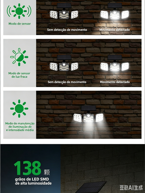 Luz de parede solar com detecção de corpo humano de três cabeças, luz de jardim para quintal exterior, luz de rua à prova d'água para uso externo