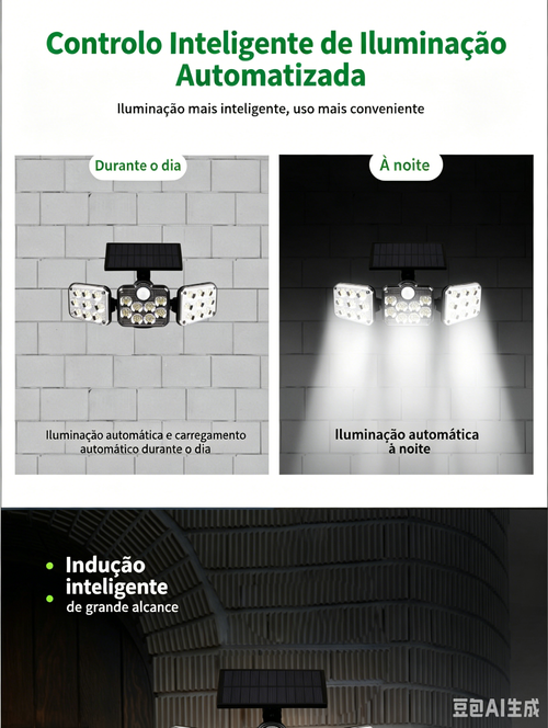 Luz de parede solar com detecção de corpo humano de três cabeças, luz de jardim para quintal exterior, luz de rua à prova d'água para uso externo