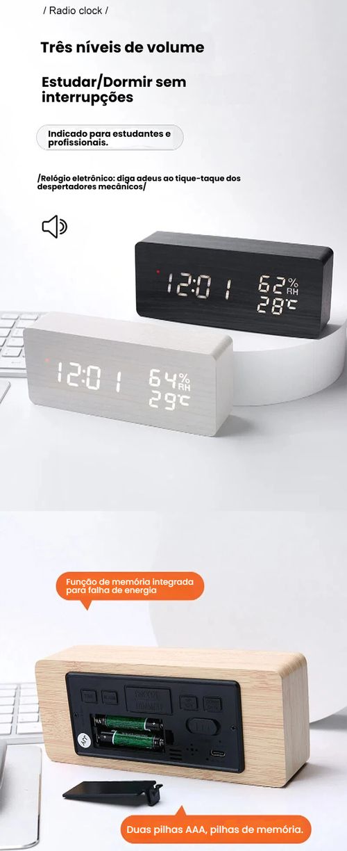 Relógio de Onda Radio Inteligente LED, Relógio de Onda Radio de Madeira, Despertador de Onda Radio Alemão, Relógio Eletrônico Digital, Relógio de Temperatura e Umidade