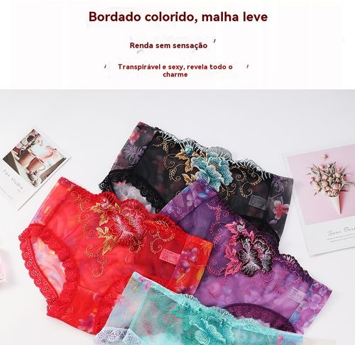 Conjunto de Calcinhas Triangulares Femininas Sensuais com Bordado, Transparentes e Apaixonantes de Renda, Cintura Baixa e Forro de Algodão Puro