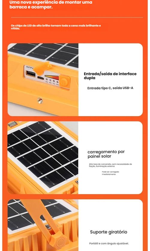 Lâmpada Solar, Lanterna de Mão Recarregável, Projetor Portátil, Lâmpada para Feira Livre ao Ar Livre, Lanterna Multifuncional para Acampamento e Emergência