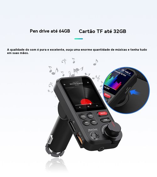 Reprodutor de MP3 para Veículo BT93, Reprodução de Pen Drive Sem Perda de Qualidade HIFI, Equalizador de Grave e Agudo, Transmissor FM Bluetooth para Veículo com Função de Música