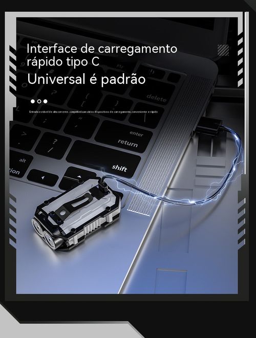 Mini lanterna tipo chaveiro com duas fontes de luz, carregamento Type-C, super brilhante, compacta e potente para uso exterior